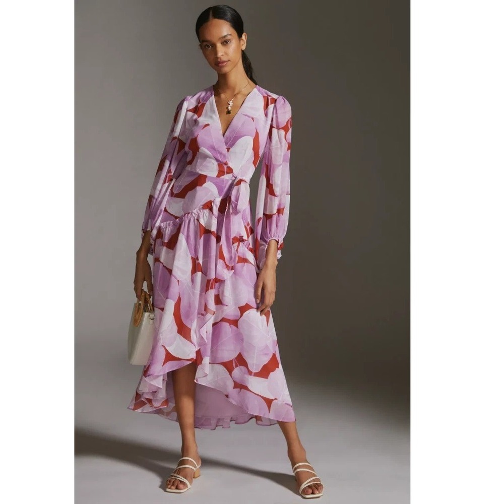 Anthropologie Hutch Floral Wrap Midi Dress Purple‎ Brown Long Sleeve Ruffle Sz S